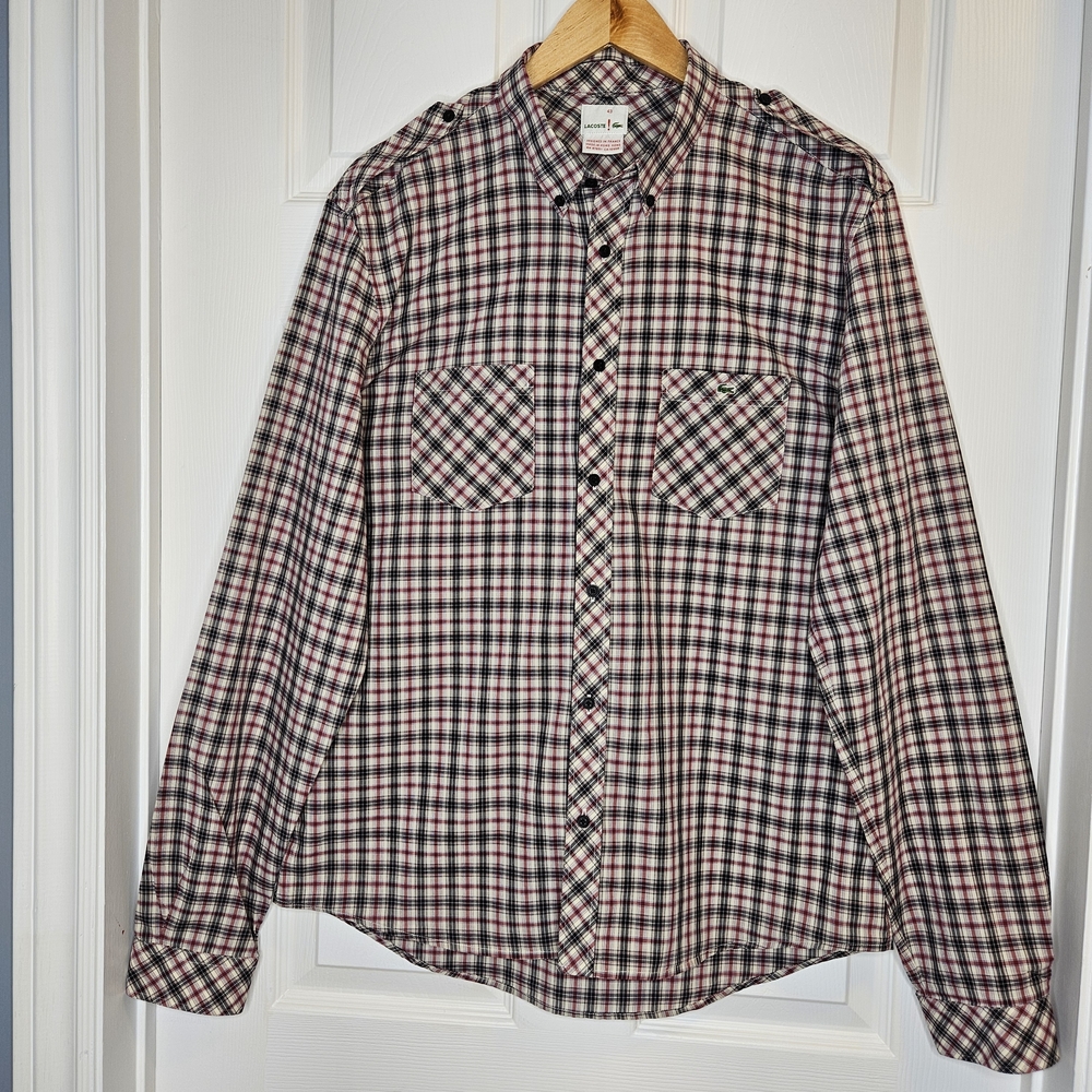 NWOT Lacoste Men's Long Sleeve Button Down Shirt Cotton Red Blue Cream Size L